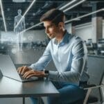 Joven emprendedor trabajando en una laptop en un espacio de coworking moderno, con gráficos digitales de inteligencia artificial al fondo.