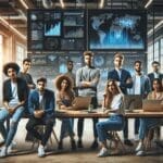 Grupo de jóvenes emprendedores colaborando frente a pantallas con gráficos tecnológicos en un coworking moderno.