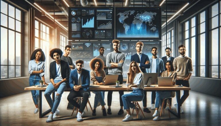 Grupo de jóvenes emprendedores colaborando frente a pantallas con gráficos tecnológicos en un coworking moderno.