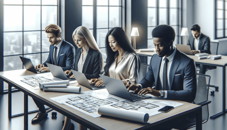 Fotografía limpia de un equipo multicultural trabajando en laptops en una oficina moderna con planos inmobiliarios sobre la mesa.