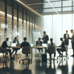 Equipo de trabajo colaborando en una oficina con laptops y pizarras digitales, ambiente moderno y profesional