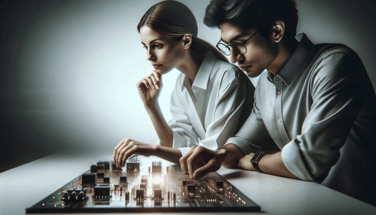 Primer plano de dos personas analizando circuitos en una mesa de laboratorio tecnológico, ambiente moderno y profesional.