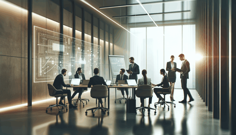 Equipo de trabajo colaborando en una oficina con laptops y pizarras digitales, ambiente moderno y profesional