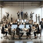 Emprendedores y ejecutivos reunidos en un moderno espacio coworking tecnológico con pantallas y dispositivos digitales.