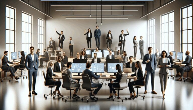 Emprendedores y ejecutivos reunidos en un moderno espacio coworking tecnológico con pantallas y dispositivos digitales.