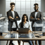 Tres jóvenes emprendedores trabajando en una sala moderna con pantallas y dispositivos tecnológicos sobre una mesa.