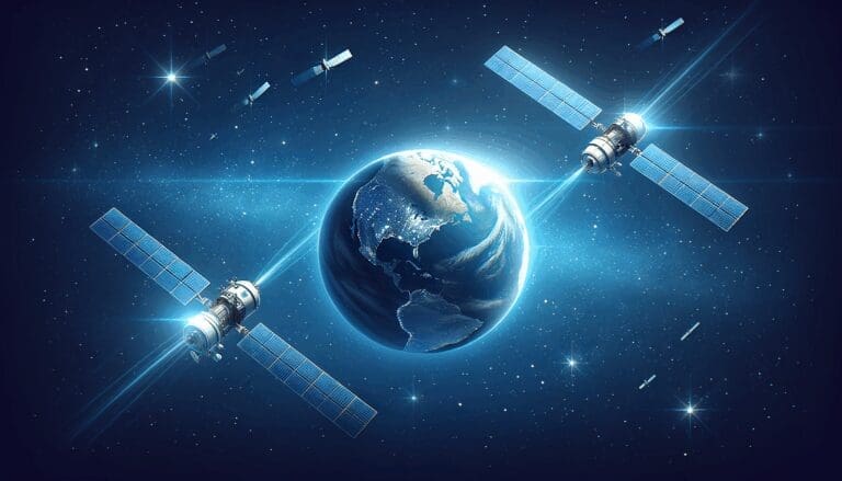 Satélites en órbita alrededor de la Tierra, fondo estrellado y tonos azulados.