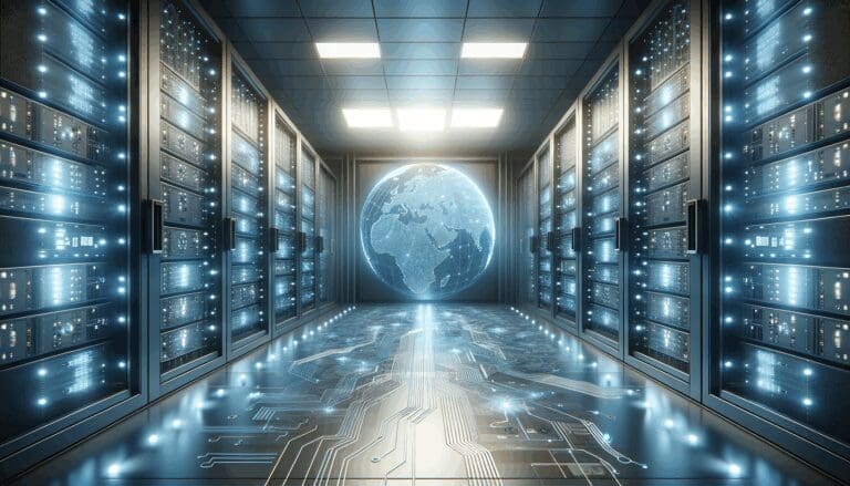 Concepto futurista de una sala de servidores digitales, con luces azules y conexiones tecnológicas, representando innovación financiera.