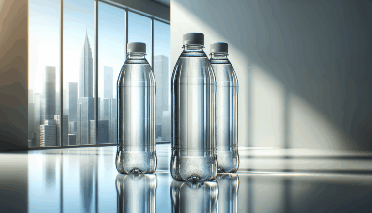 Primer plano de botellas de agua traslúcidas con fondo minimalista, iluminación natural y ambiente corporativo.