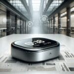 Primer plano de un dispositivo wearable moderno sobre una mesa en ambiente urbano y tecnológico.