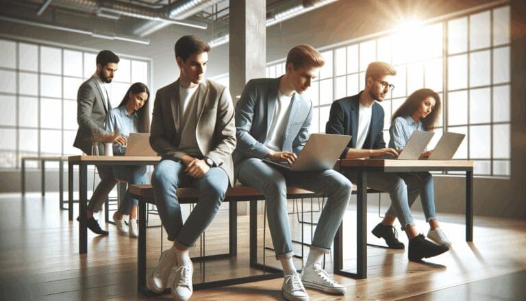 Equipo de jóvenes emprendedores trabajando en laptops en una oficina moderna de coworking.