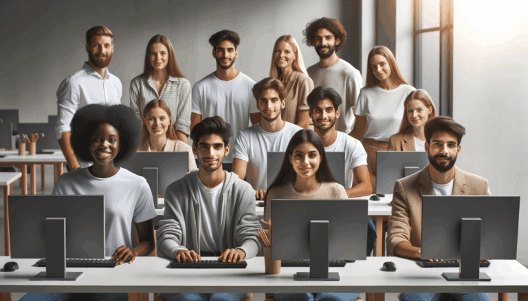 Grupo diverso de jóvenes en círculo colaborando sobre computadoras en un aula moderna