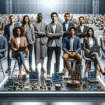 Grupo de innovadores presentando proyectos tecnológicos en un auditorio moderno.