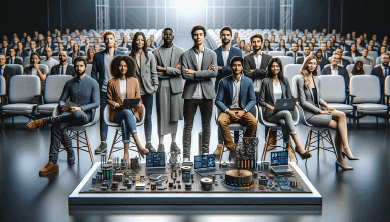 Grupo de innovadores presentando proyectos tecnológicos en un auditorio moderno.