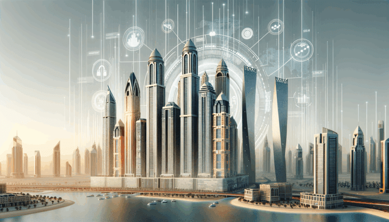 Ilustración moderna de rascacielos de Dubái con símbolos digitales y gráficos tecnológicos en el aire.