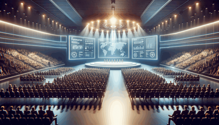 Fotografía de un auditorio moderno repleto de asistentes, con un escenario iluminado y pantallas mostrando gráficos tecnológicos.