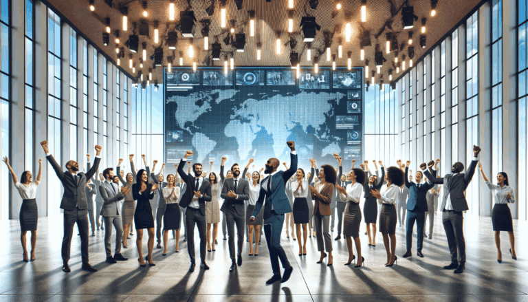 Emprendedores celebrando en un auditorio moderno con pantallas digitales y ambiente colaborativo.