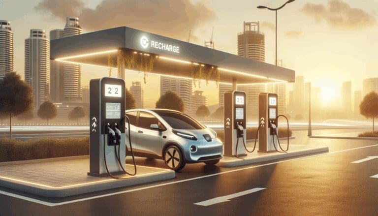 Punto de recarga para vehículos eléctricos en una ciudad moderna de Latinoamérica, al atardecer.