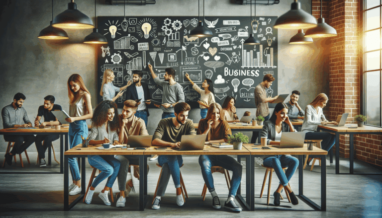 Fotografía de jóvenes emprendedores colaborando en un espacio de coworking moderno, laptops y pizarras con ideas de negocio.