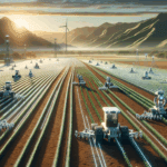 Campo agrícola extenso con sensores y robots trabajando al amanecer, fondo de montañas y cielos claros, estilo editorial.