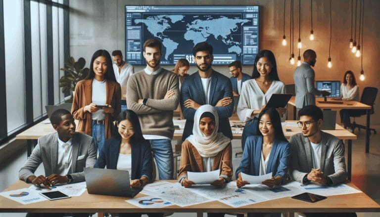 Grupo de emprendedores trabajando en equipo en un espacio de coworking moderno, con pantallas y mapas digitales al fondo.