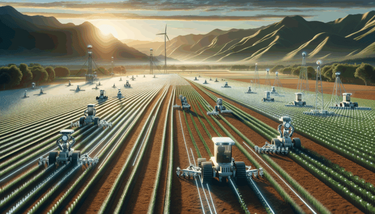 Campo agrícola extenso con sensores y robots trabajando al amanecer, fondo de montañas y cielos claros, estilo editorial.