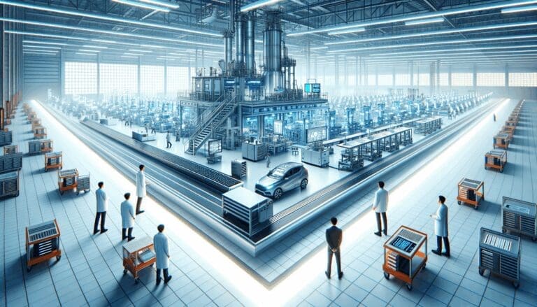 Fábrica tecnológica moderna en India, con líneas de ensamblaje y equipos avanzados.