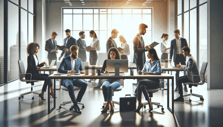 Empresarios y emprendedores en un moderno espacio de coworking colaborando alrededor de una mesa de trabajo digital.