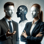 Retrato conceptual de dos líderes tecnológicos reunidos, fondo abstracto de innovación y startups.