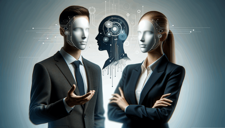 Retrato conceptual de dos líderes tecnológicos reunidos, fondo abstracto de innovación y startups.