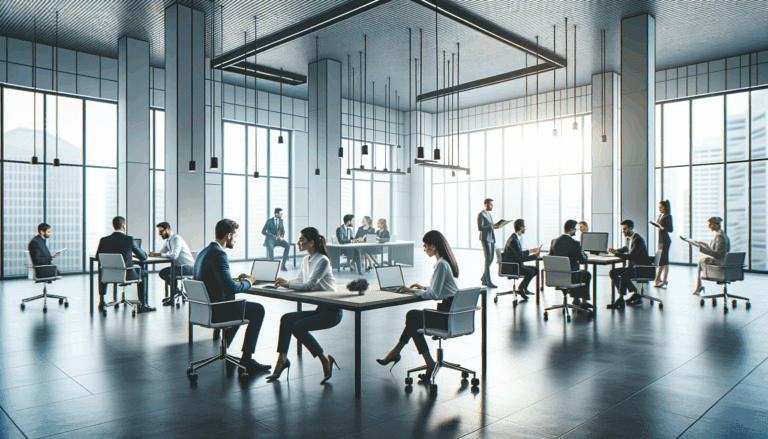 Oficina moderna con emprendedores colaborando en un espacio abierto luminoso