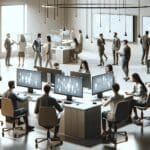 Personas colaborando en un moderno espacio de coworking rodeadas de computadoras y pantallas digitales.