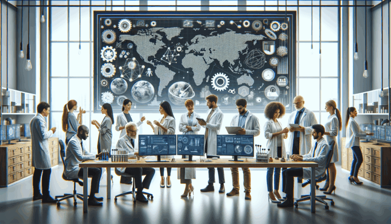 Emprendedores y científicos colaborando en un laboratorio moderno rodeados de pantallas y equipos tecnológicos.