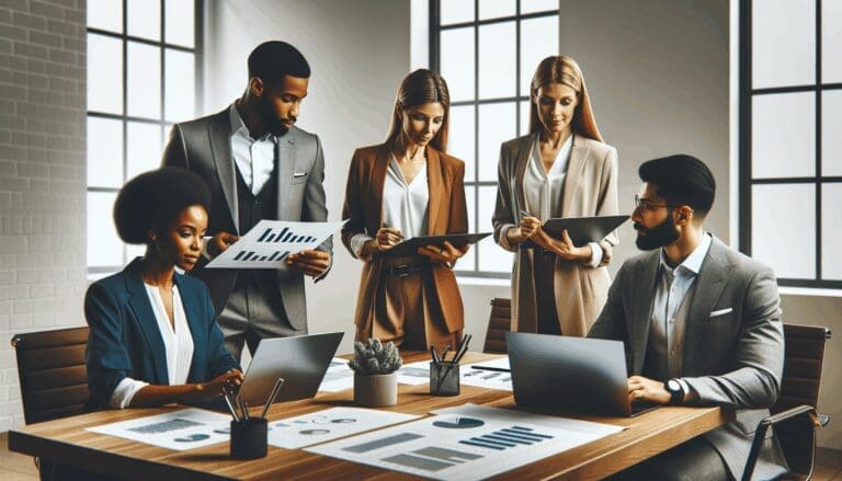 Grupo diverso de emprendedores y ejecutivos en una moderna sala de juntas, revisando gráficos y laptops.