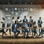 Equipos multiculturales colaborando en una moderna oficina tecnológica con pantallas y dispositivos innovadores.