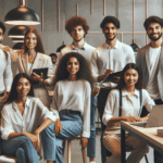 Jóvenes emprendedores trabajando juntos en un moderno espacio de coworking.