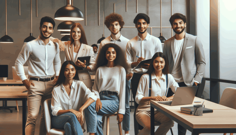 Jóvenes emprendedores trabajando juntos en un moderno espacio de coworking.
