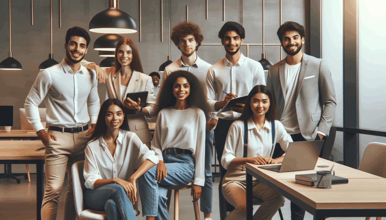 Jóvenes emprendedores trabajando juntos en un moderno espacio de coworking.