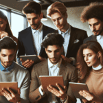 Cinco jóvenes emprendedores reunidos en una oficina moderna, revisando una aplicación en tabletas y laptops.