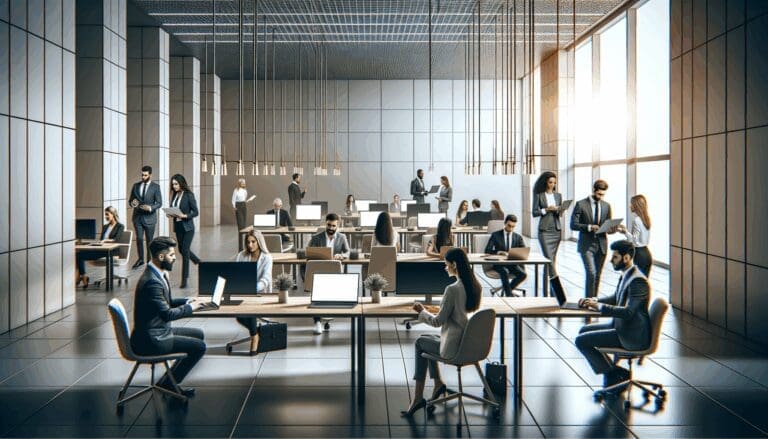 Grupo de emprendedores trabajando en un espacio de oficina moderno con pantallas digitales y laptops.