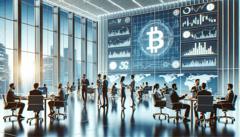Oficinas modernas con equipos conversando frente a pantallas digitales que muestran gráficos de criptomonedas.
