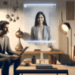 Persona en una videollamada con un psicólogo en un entorno moderno y sobrio, transmitiendo tecnología y cercanía.