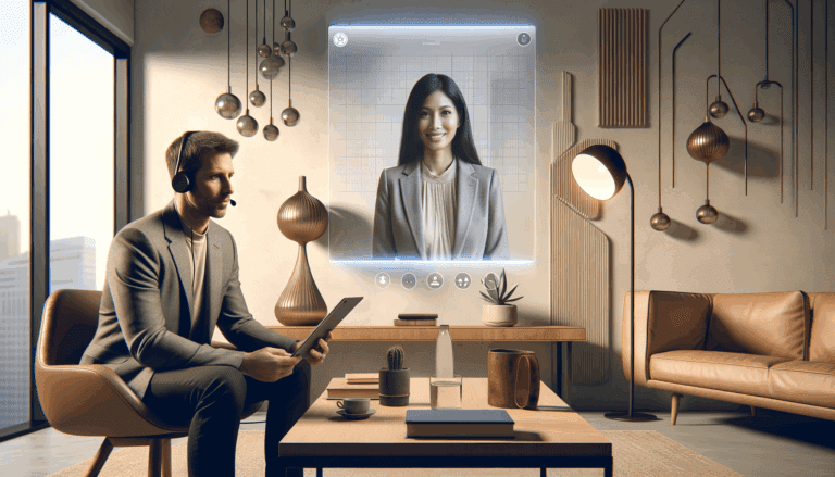 Persona en una videollamada con un psicólogo en un entorno moderno y sobrio, transmitiendo tecnología y cercanía.