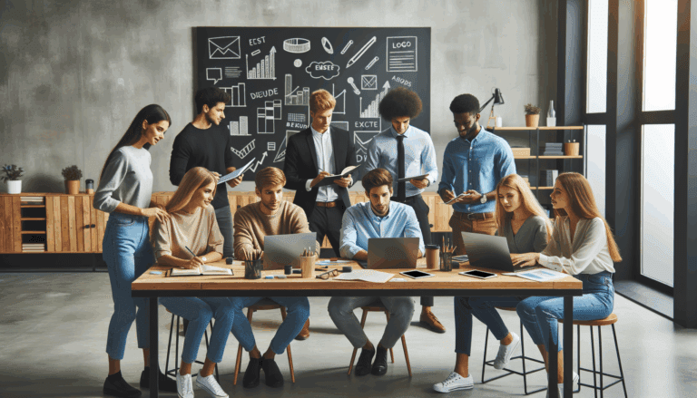 Jóvenes emprendedores colaborando en un espacio moderno y luminoso con pizarras y portátiles.