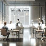 Oficina moderna con personas trabajando de noche ante pantallas luminosas en un ambiente de startup.