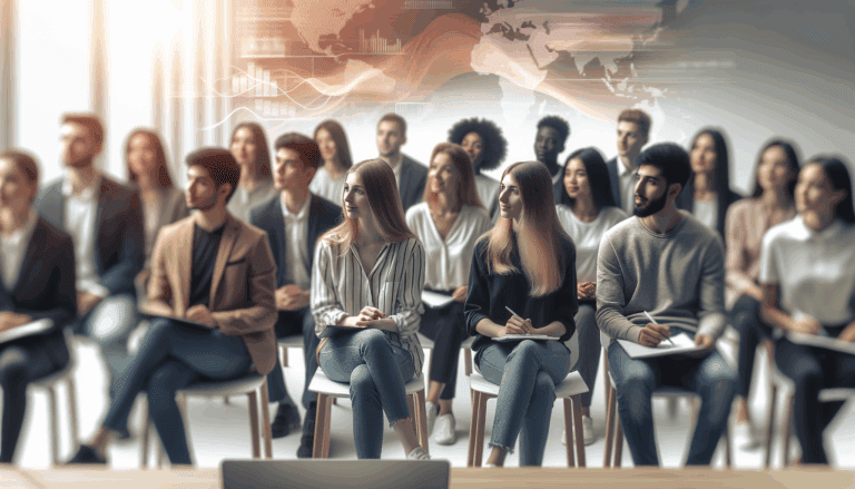 Grupo de jóvenes atentos en una charla interactiva, fondo desenfocado con ambiente educativo y tecnológico.