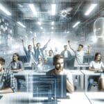 Primer plano de jóvenes desarrolladores en un entorno tecnológico, rodeados de pantallas y gráficos digitales.