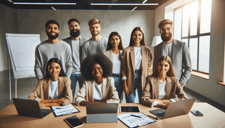 Empresarios jóvenes reunidos en una oficina moderna con laptops y pizarras digitales.