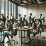 Oficina moderna con jóvenes profesionales trabajando en tecnología e inteligencia artificial.