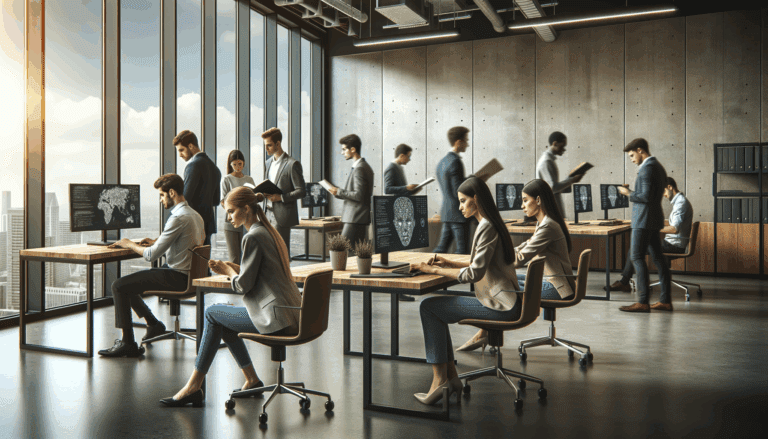 Oficina moderna con jóvenes profesionales trabajando en tecnología e inteligencia artificial.